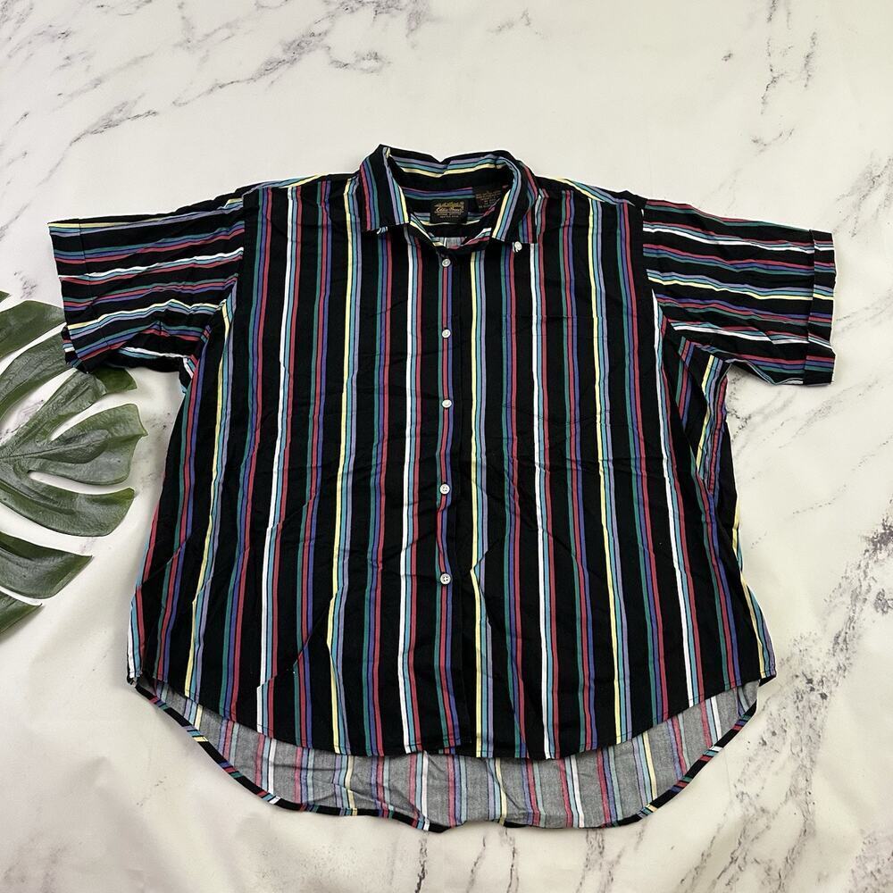 Eddie Bauer Womens Vintage 90s Button Up Shirt Size L Black Pink Striped Boxy